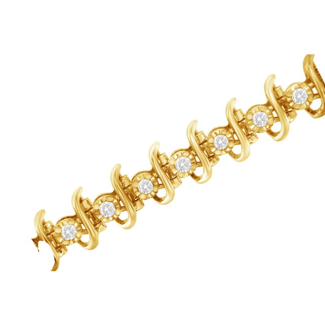 Haus of Brilliance 10KT Yellow Gold Plated .925 Sterling Silver 1 cttw Prong-Set Diamond Link Bracelet - 7.5" For Sale - Image 4 of 7