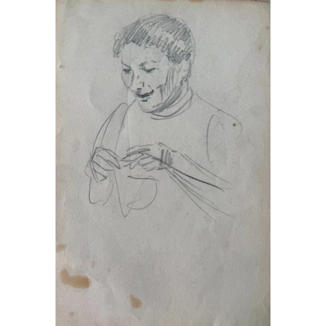 Beige Heinrich Pforr, Collection of 6 Drawings on 4 Sheets Woman Handicrafts, 1920s, Pencil For Sale - Image 8 of 12