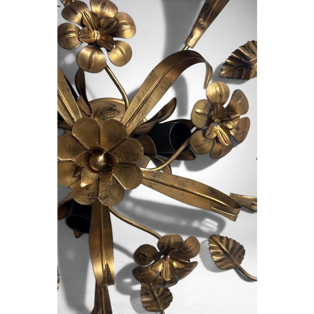 Vintage Italian Florentine Style Gilt Wrought Iron Flush Mount Ceiling Light For Sale - Image 10 of 18