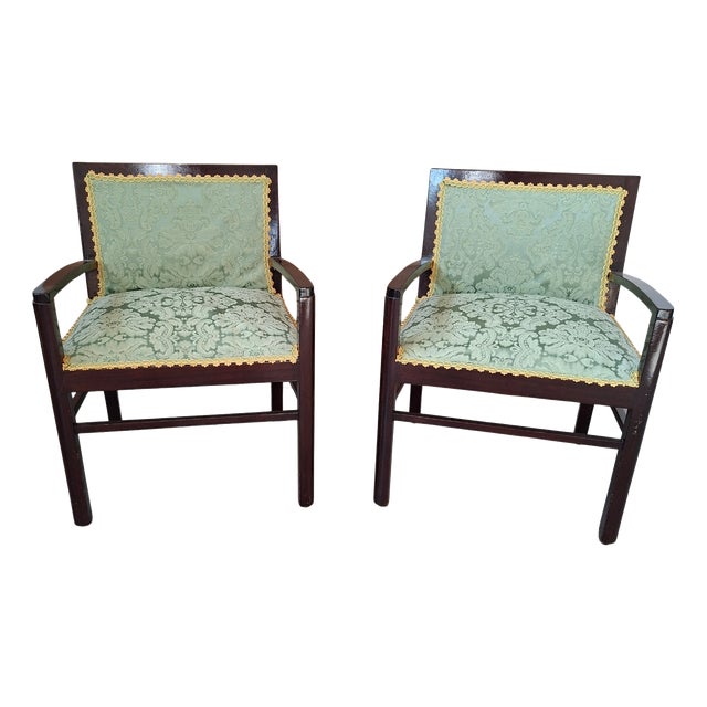 Vintage Armchairs in Mahogany and Fine San Leucio Silk, 1970s, Set of 2 For Sale