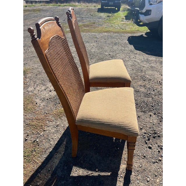 Wood Vintage Singer Furniture Italian Mediterranean Cane Back Dining Chairs For Sale - Image 7 of 8