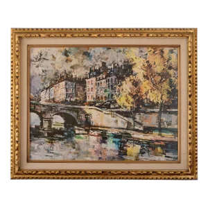 J. Warner Mid Century Printed Painting of Paris Seine River and Bridge