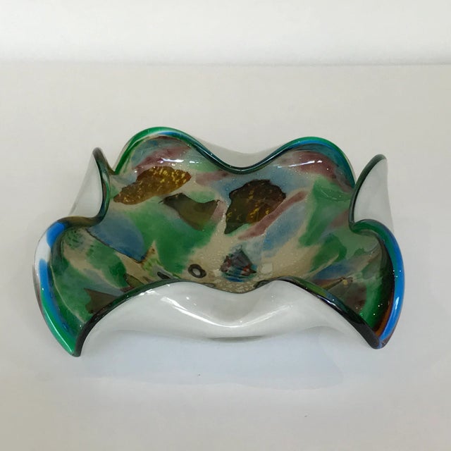 Hand blown silver flecked art glass from Murano Italy. Polisjed pontil mark. Beautiful hendkerchief curled ends. Bowl has...