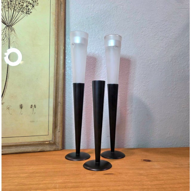 Mid-Century Modern Set of 3 Northern Lights Malibu Tealight Holders, Matte Black Metal & Frosted Glass Modern Candle Stands For Sale - Image 3 of 11