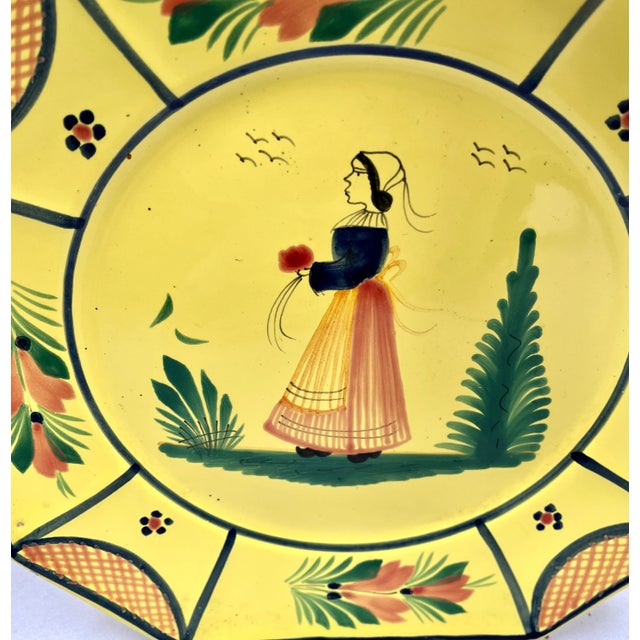 Henriot Quimper Vintage Quimper Signed Hand Painted Yellow Plate For Sale - Image 4 of 9