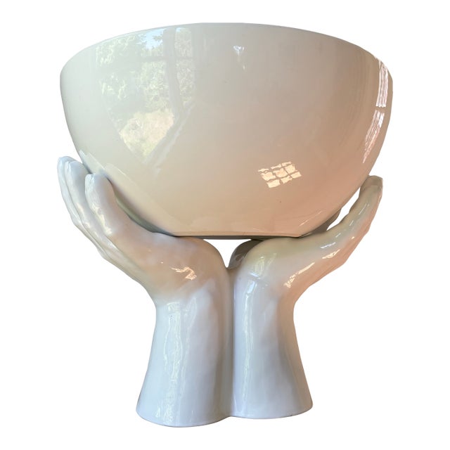 Monumental Vintage Italian White Ceramic Hands Bowl Sculpture, Made in Italy For Sale