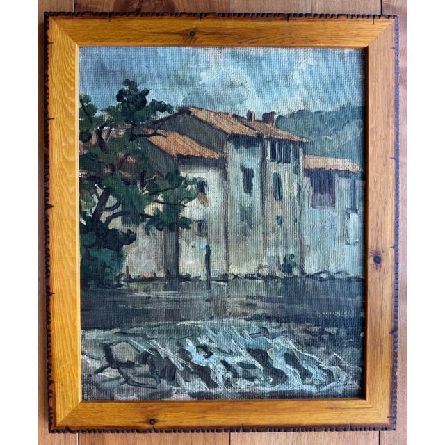 French Vintage French Village by the Sea, Coastal Oil Painting in New Frame For Sale - Image 3 of 6
