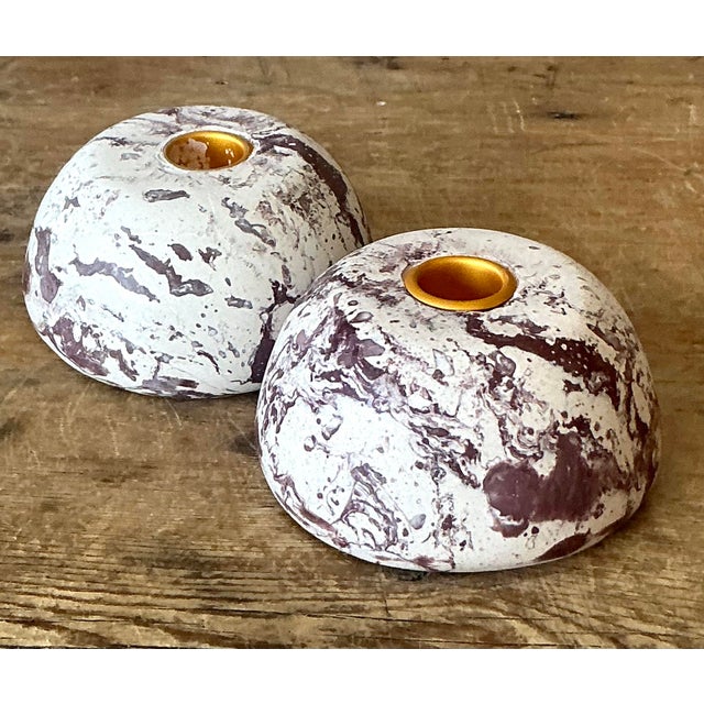 White Vintage Boho Artisan Pigmented Plaster Scagliola Low Dome Candlestick Holders - Set of 2 For Sale - Image 8 of 9