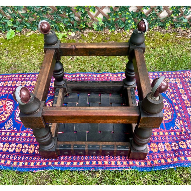 Vintage Spanish Revival Woven Leather Strap Rolling Footstool For Sale - Image 10 of 13