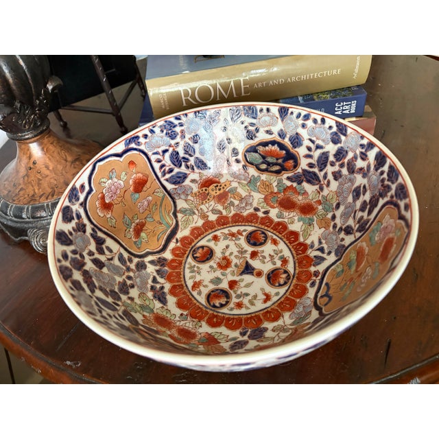 Blue Early 20th Century Large 10” Chinese Imari Floral Punch Bowl - Blue, Iron Red & Gold Decor For Sale - Image 8 of 8
