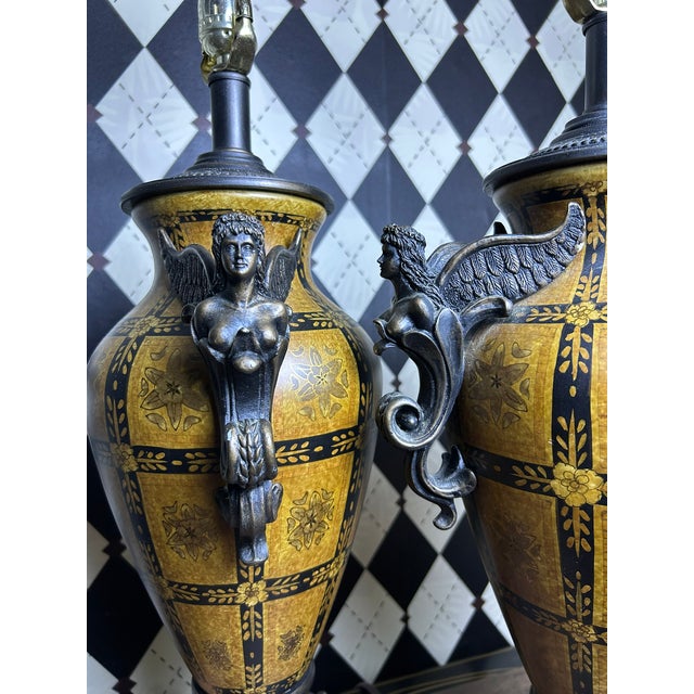 Rustic European Vintage Neoclassical-Style Figural Urn Table Lamps With Winged Figures - Pair For Sale - Image 3 of 18
