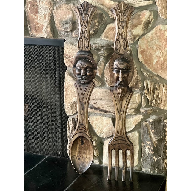 1960s Mid-Century Spanish Revival Oversized Hand-Carved Wood Fork & Spoon Wall Decor - Pair For Sale In Los Angeles - Image 6 of 8