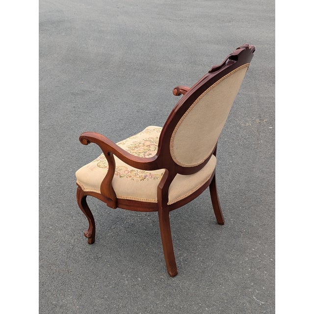 Victorian Early 20th Century Louis XVI Style Walnut Needlepoint Arm Chair or Bergere Chair For Sale - Image 3 of 7