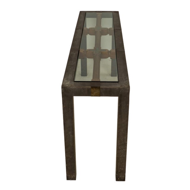 Silver Vintage Brutalist Iron, Brass & Wood Console Table W/ Thick Beveled Glass Insert For Sale - Image 8 of 18