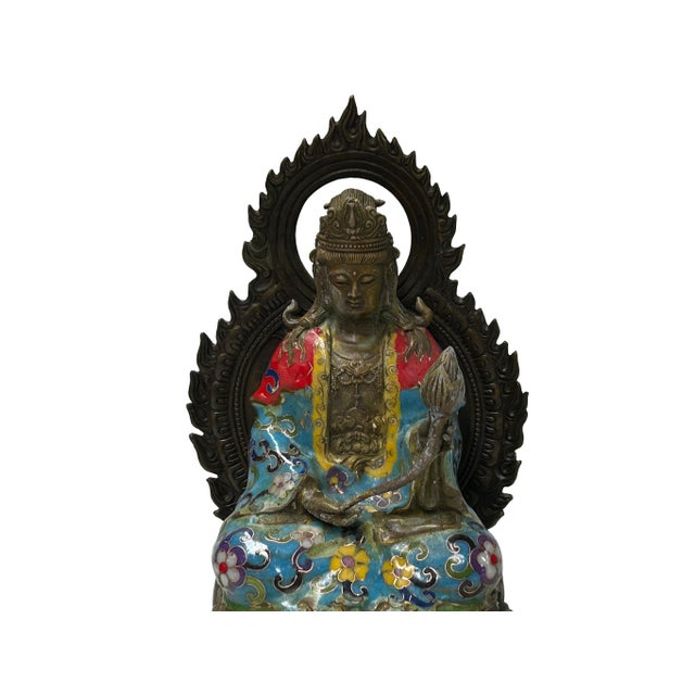 Turquoise Vintage Cloisonne Enamel Lotus Bodhisattva Metal Buddha Statue For Sale - Image 8 of 11