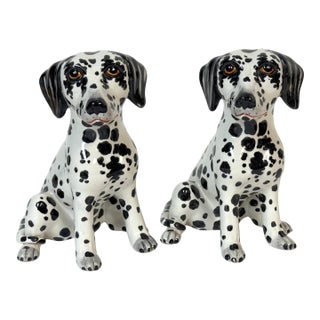 Pair of Italian Hollywood Regency Hand-Painted Pottery Dalmatian Puppies, 1970s For Sale