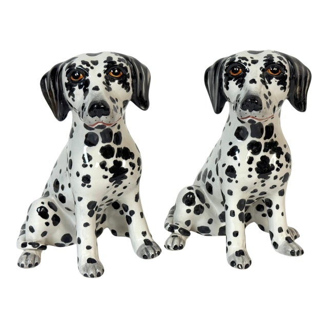 Pair of Italian Hollywood Regency Hand-Painted Pottery Dalmatian Puppies, 1970s For Sale