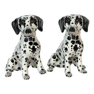 Pair of Italian Hollywood Regency Hand-Painted Pottery Dalmatian Puppies, 1970s