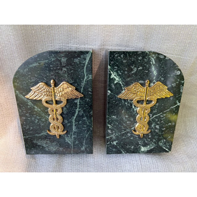 Green Vintage Medical Caduceus Green Italian Marble Heavy Bookends a Pair For Sale - Image 8 of 16
