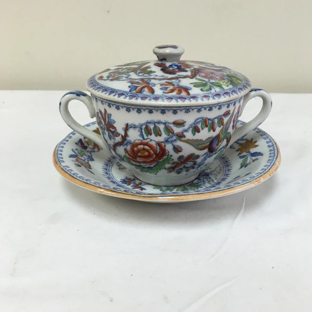 Antique Mason's polychrome Caudle cup with cover and underplate. Caudle is a warm drink for the sick that originated in...