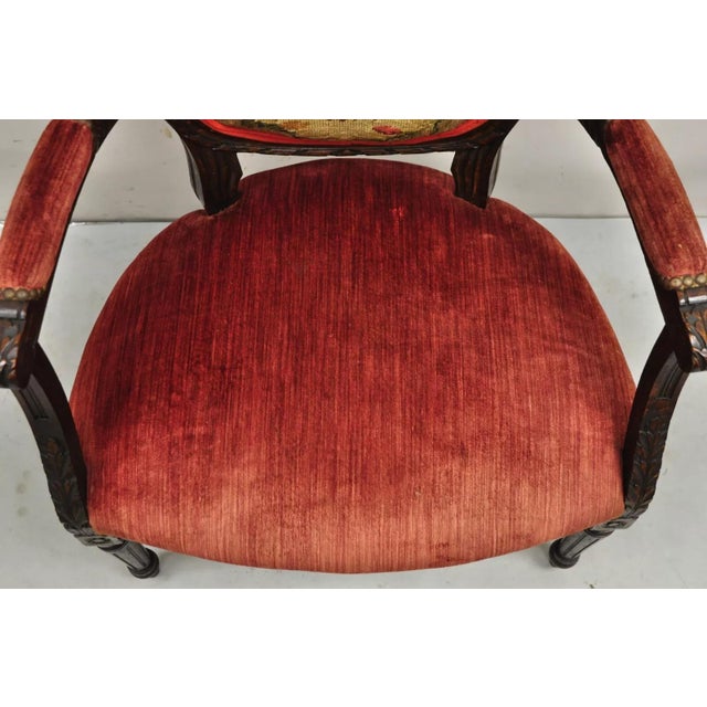 Wood Late 19th Century Antique French Louis XVI Style Carved Walnut Needlepoint Red Fauteuil Armchair For Sale - Image 7 of 12
