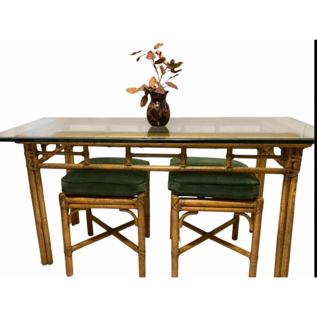 1970s McGuire Bamboo Console Table With a Glass Top & Two Matching Stools . For Sale - Image 11 of 11