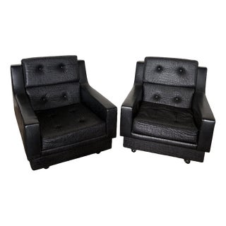 Art Deco Black Leather Club Armchairs, 1930s, Set of 2 For Sale