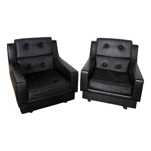 Art Deco Black Leather Club Armchairs, 1930s, Set of 2 For Sale