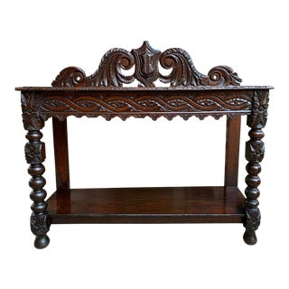 Antique English Carved Oak Hall Foyer Table Renaissance Style Console Table Crown Back For Sale