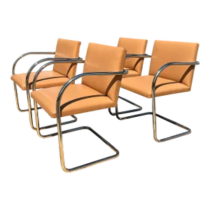 Mid 20th Century Leather Mies Van Der Rohe Style Tubular Stainless Steel Brno Chair - Set of 4 (2 Sets Available)