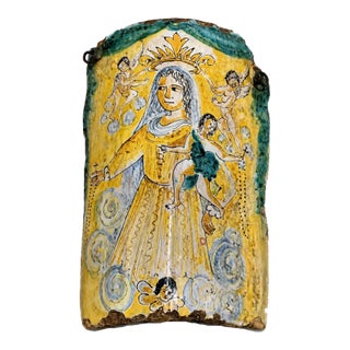 19th Century Italian Hand-Painted Maiolica Madonna & Child Devotional Plaque For Sale
