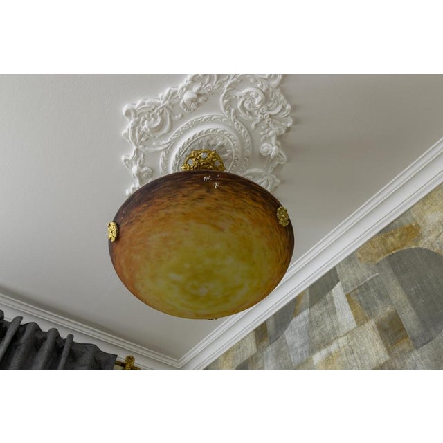 Gold Art Nouveau Pendant Light with Amber-Ochre Glass by Muller Frères, France, 1920 For Sale - Image 8 of 18