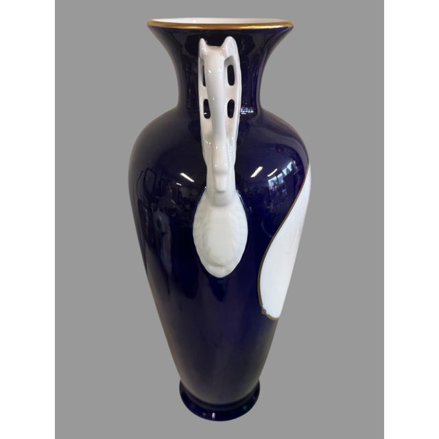 Haas & Cajzek Cobalt Blue Vase Large Czech Porcelain Swan Urn Vintage 14.5" Tall For Sale - Image 10 of 10