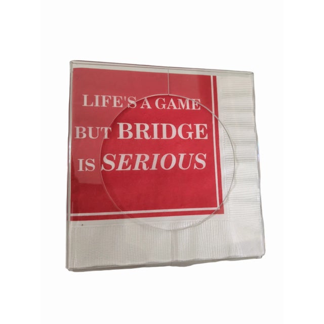 A set of 4 lucite coasters/cocktail napkin holders Made by Peter Alan Designs in West Palm Beach, FL Keep the "Bridge"...