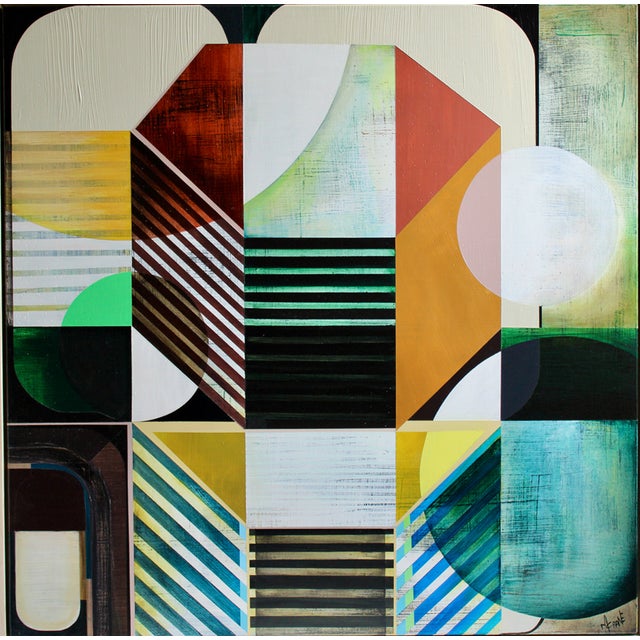 "Dynamic Forms Set Against One Another" by Mary Crane Nutter Acrylic paint on wood panel with a maple frame, 24”x 24” Mary...