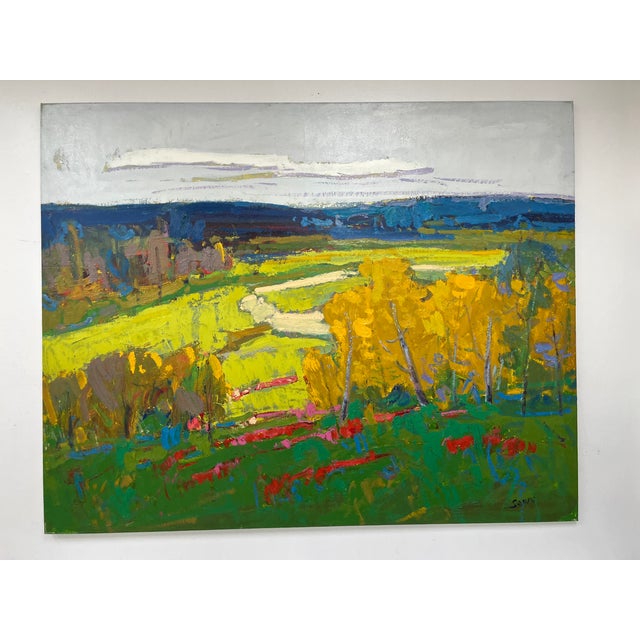 A vivid and impressionistic original oil painting on canvas capturing the energy of a lush landscape in brilliant,...