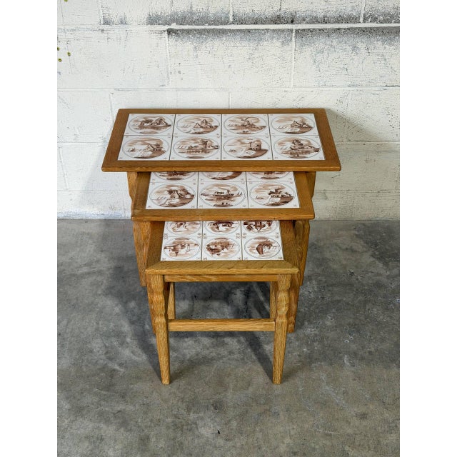 Oak Ceramic Tile-Top Nesting Tables Set of 3 Brown Scenic Windmill Motif Vintage For Sale In Los Angeles - Image 6 of 11