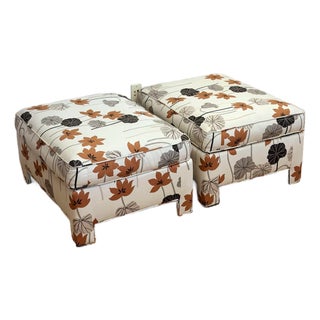 1970s Vintage Oversized Floral Ivory Parsons Rectangular Ottomans Attributed to Drexel Heritage – A Pair For Sale