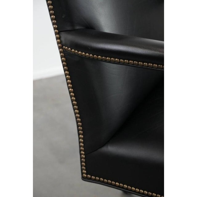 English Style Black Cowhide and Wooden Chesterfield Swivel Office Chair For Sale - Image 16 of 18