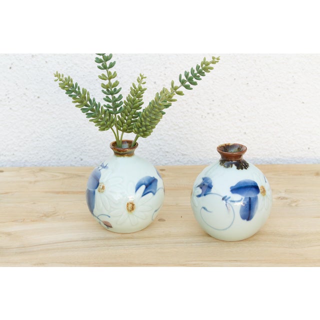 Pair of Hand-Painted Blue & White Porcelain Vases For Sale In Los Angeles - Image 6 of 6