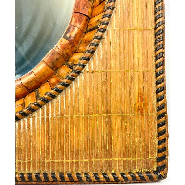 Amber Italian Bamboo Tile & Rattan Wall Mirror – Beveled Oval Glass, Mid-Century Modern, 1960s For Sale - Image 8 of 10