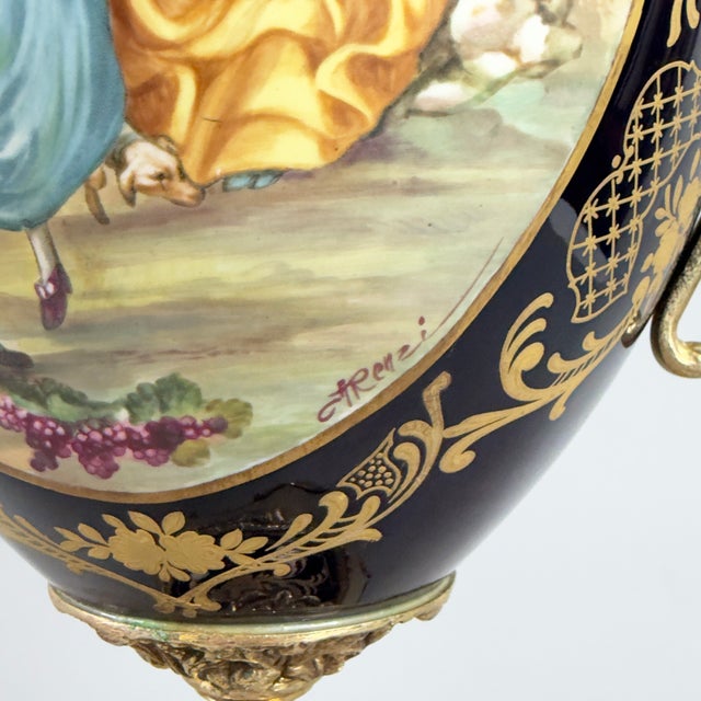 Metal Antique French Amphora Vase in Porcelain and Brass For Sale - Image 7 of 15