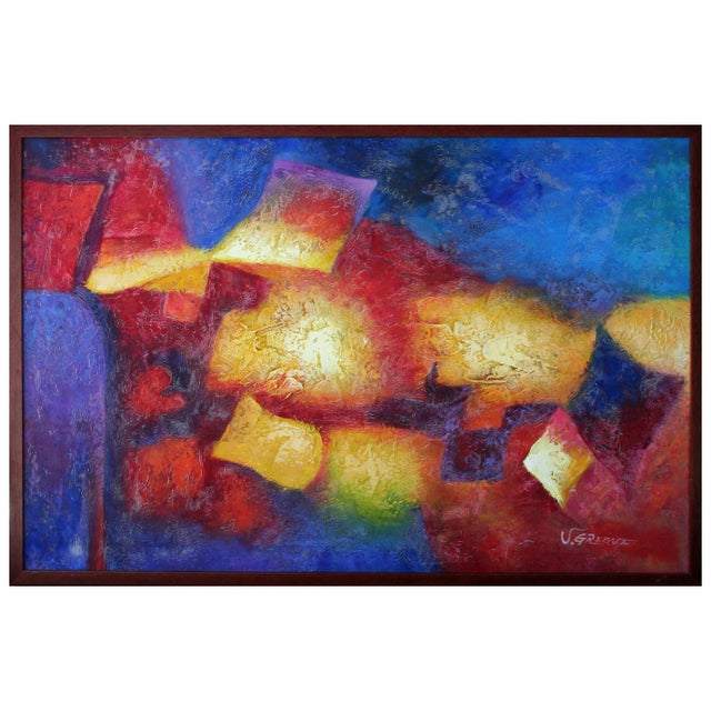 1980s Red and Blue Abstract Oil Painting on Canvas by J. Greene, Framed For Sale - Image 4 of 4