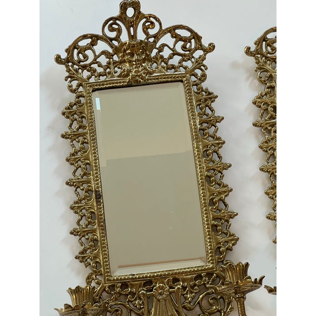Vintage Pair Italian Bacchus Brass Mirror Wall Hanging Sconces Candleholders For Sale - Image 9 of 12