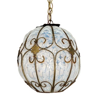 Mid-Century Modern Italian Murano Opalescent Caged Glass Hanging Pendant Light For Sale