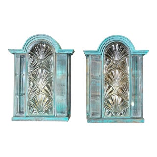 Stunning Pair of Vintage Art Deco Brass Verdigris Wall Sconces / Lanterns For Sale