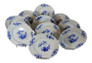 18th Century Chinese Style Tournai Continental Blue & White Porcelain Salad or Dessert Plates - Set of 10