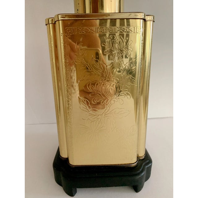 Gorgeous vintage Chinoiserie Tea Canister Brass Table lamp with brown fabric lampshade. Inside lining is a golden bronze...