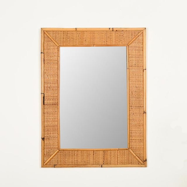 Large French Riviera Rectangular Mirror in Bamboo and Woven Rattan, Italy, 1970s For Sale - Image 9 of 11
