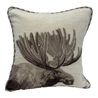 Moose Needlepoint Pillow with Braided Trim - Down/Feather Insert For Sale